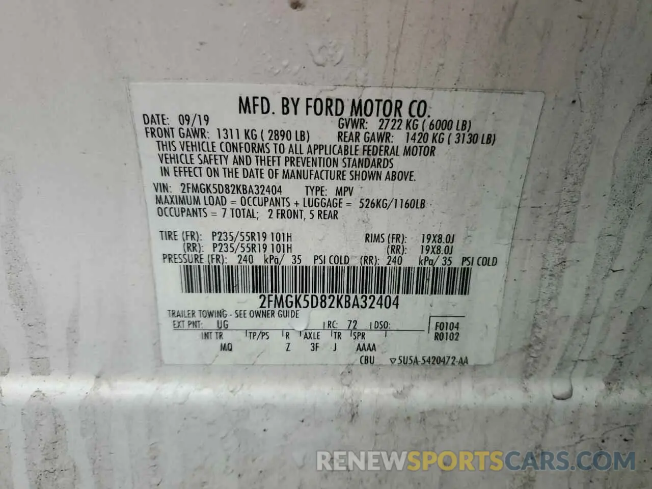 13 fotografías del automóvil dañado 2FMGK5D82KBA32404 FORD FLEX 2019
