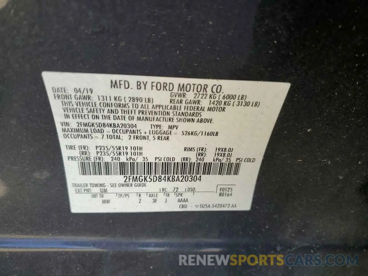 14 fotografías del automóvil dañado 2FMGK5D84KBA20304 FORD FLEX 2019