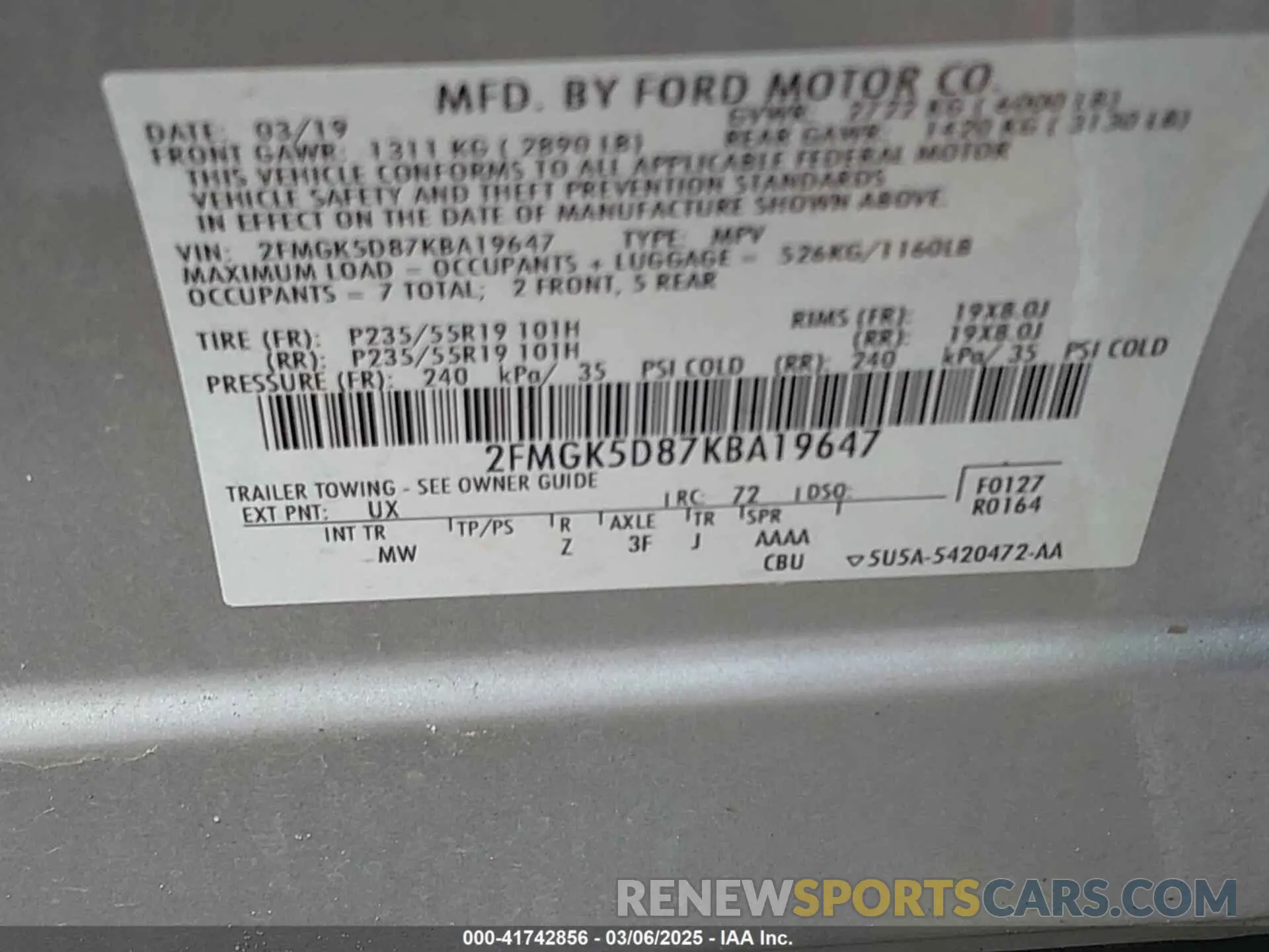 9 fotografías del automóvil dañado 2FMGK5D87KBA19647 FORD FLEX 2019