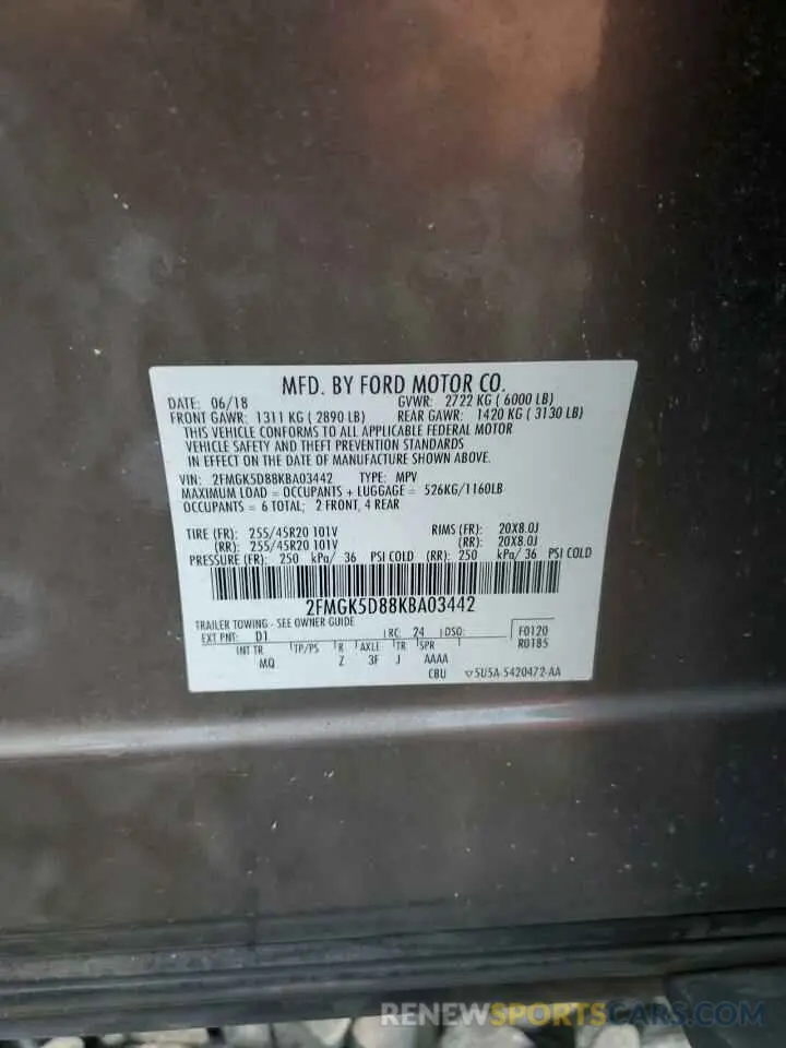 13 fotografías del automóvil dañado 2FMGK5D88KBA03442 FORD FLEX 2019