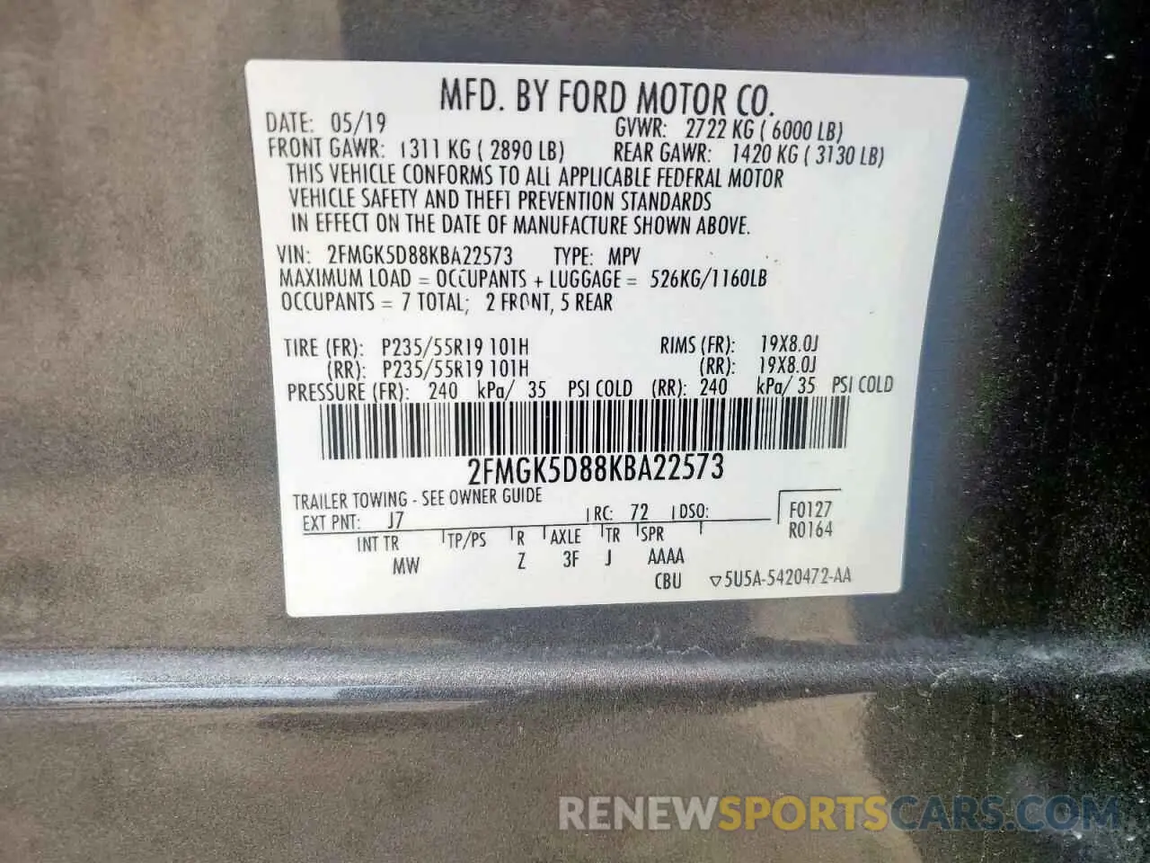 14 fotografías del automóvil dañado 2FMGK5D88KBA22573 FORD FLEX 2019