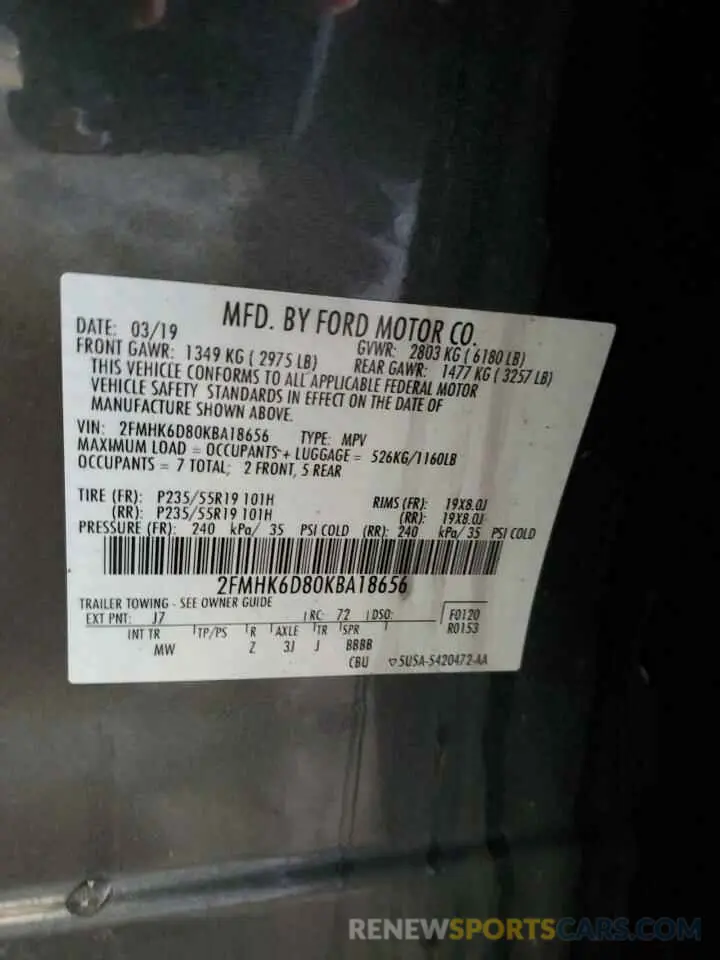 13 fotografías del automóvil dañado 2FMHK6D80KBA18656 FORD FLEX 2019