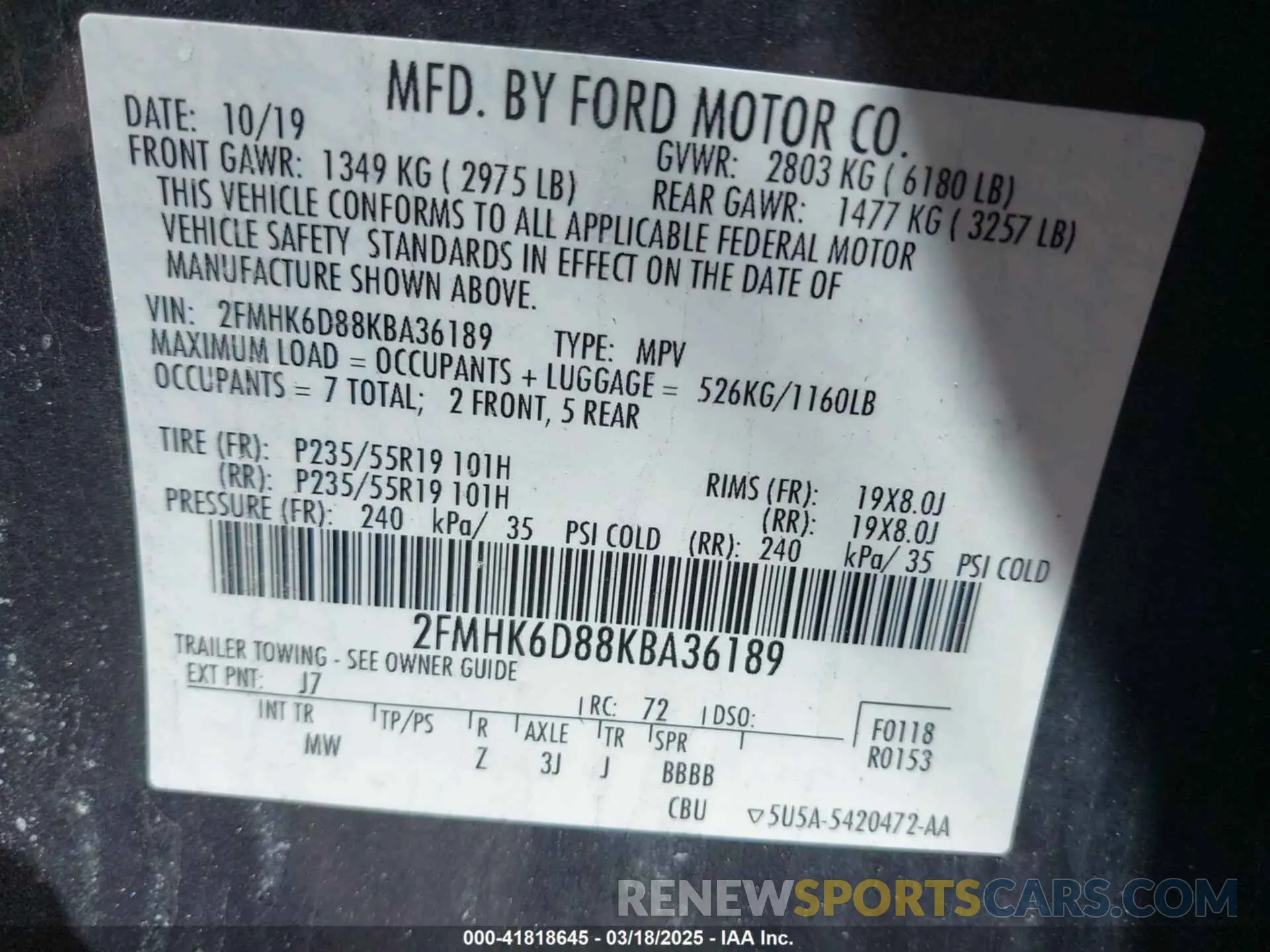 9 fotografías del automóvil dañado 2FMHK6D88KBA36189 FORD FLEX 2019