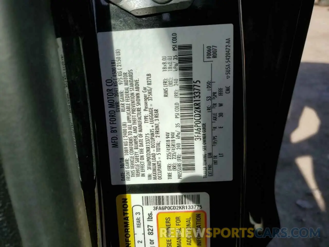 12 fotografías del automóvil dañado 3FA6P0CD2KR133775 FORD FUSION 2019
