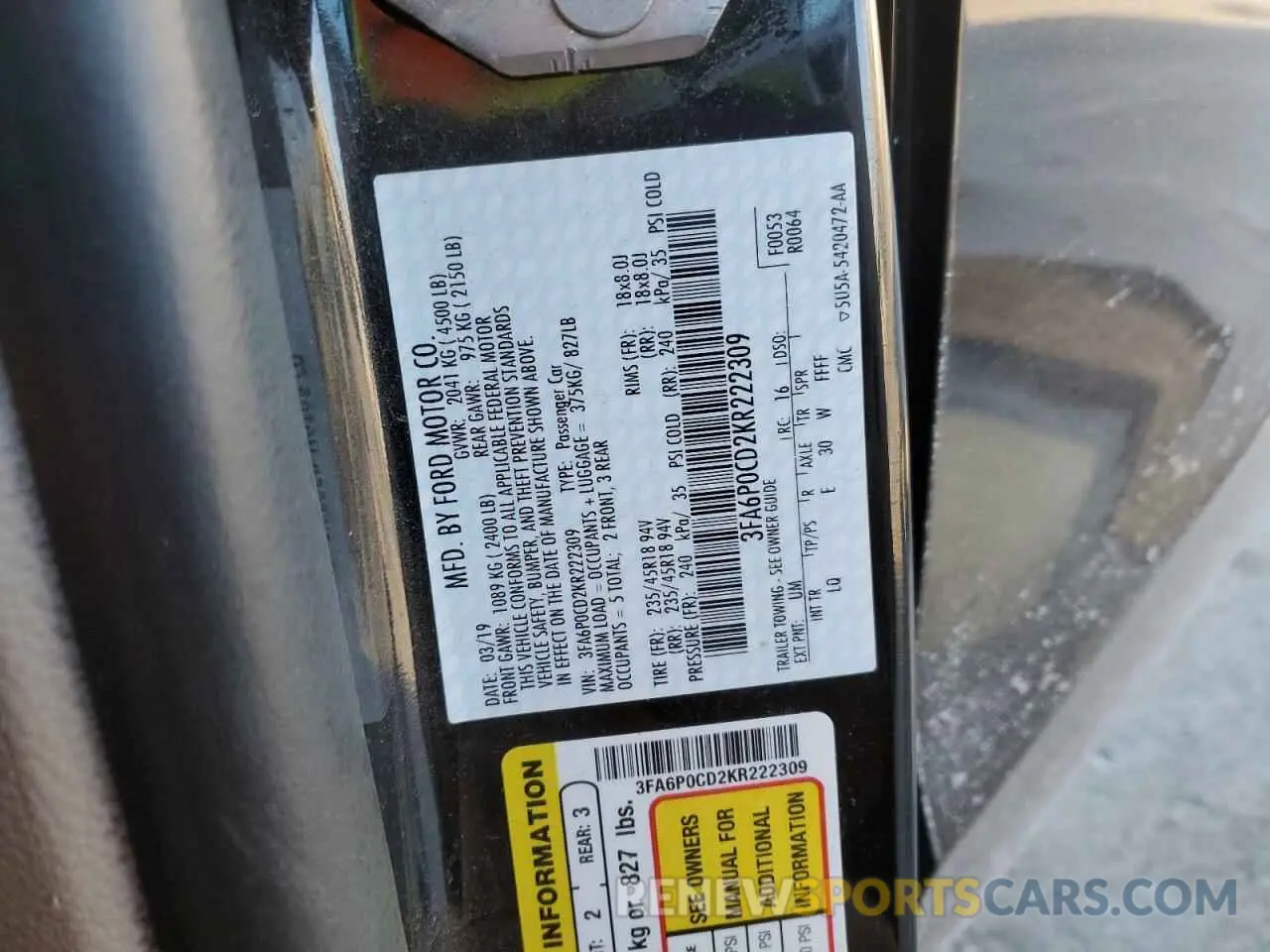 15 fotografías del automóvil dañado 3FA6P0CD2KR222309 FORD FUSION 2019