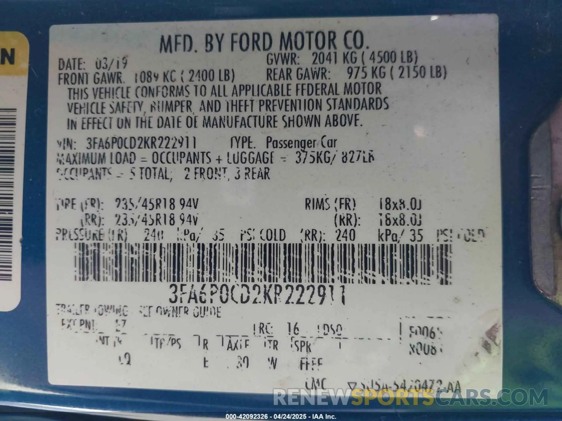 9 fotografías del automóvil dañado 3FA6P0CD2KR222911 FORD FUSION 2019