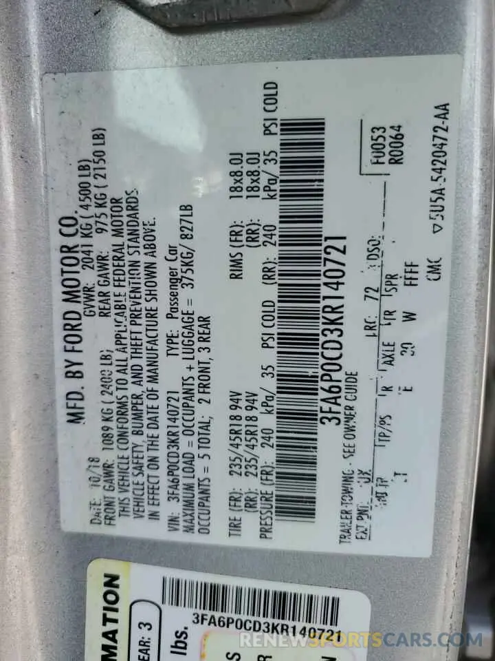 12 fotografías del automóvil dañado 3FA6P0CD3KR140721 FORD FUSION 2019