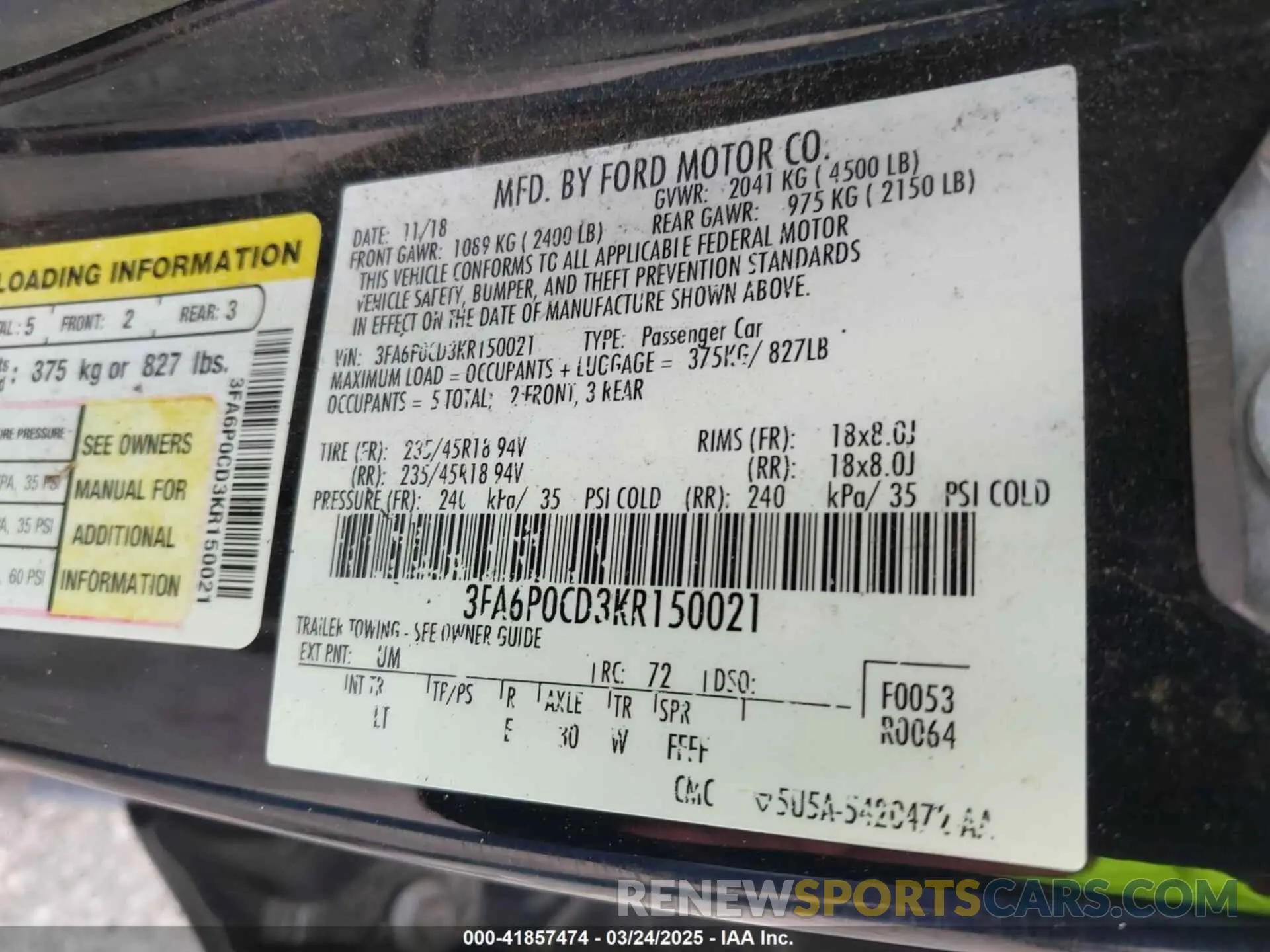 9 fotografías del automóvil dañado 3FA6P0CD3KR150021 FORD FUSION 2019