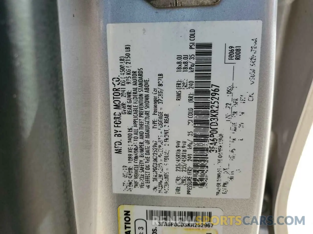12 fotografías del automóvil dañado 3FA6P0CD3KR252967 FORD FUSION 2019