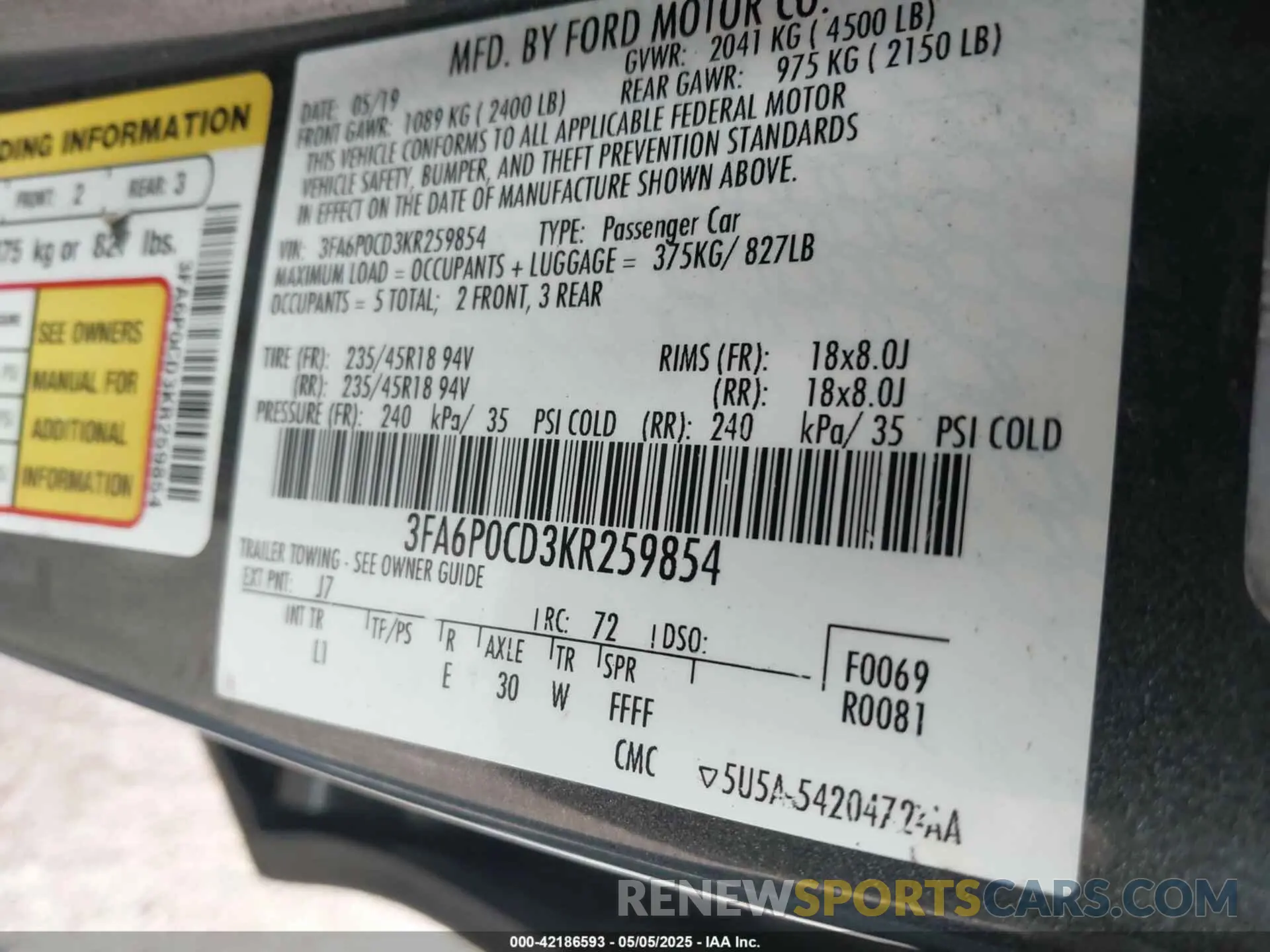 9 fotografías del automóvil dañado 3FA6P0CD3KR259854 FORD FUSION 2019
