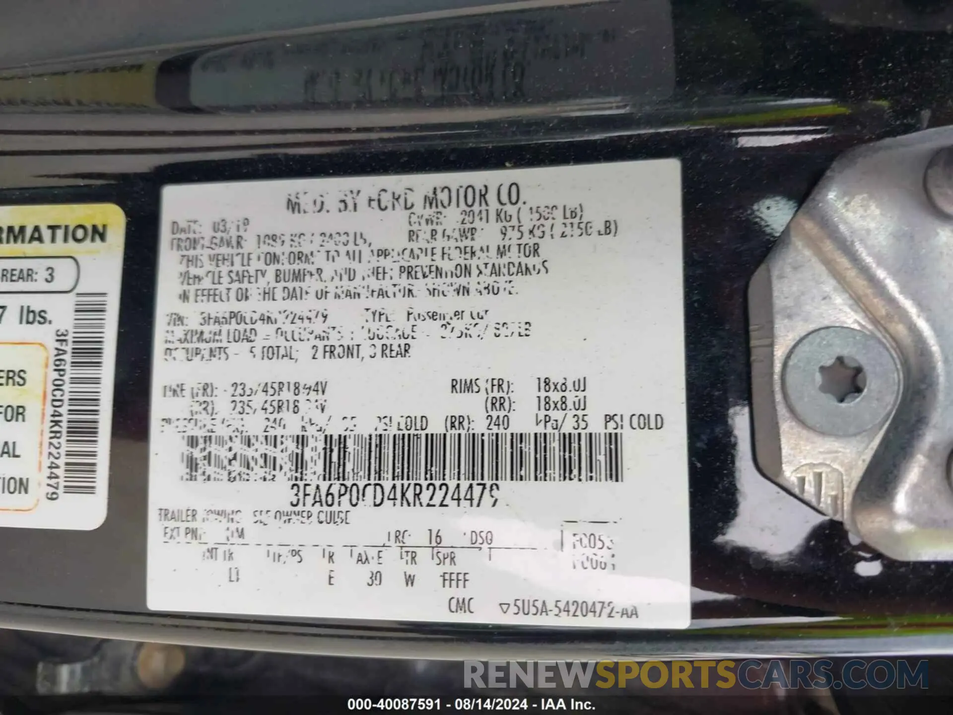9 fotografías del automóvil dañado 3FA6P0CD4KR224479 FORD FUSION 2019