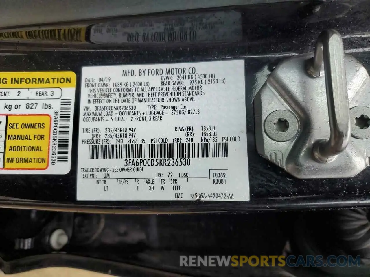 13 fotografías del automóvil dañado 3FA6P0CD5KR236530 FORD FUSION 2019