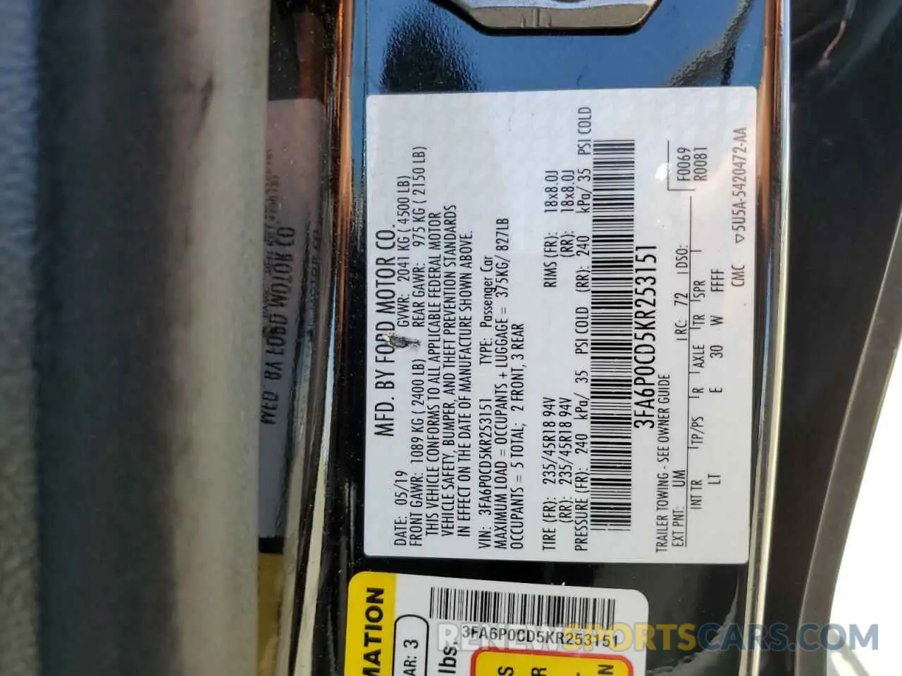 12 fotografías del automóvil dañado 3FA6P0CD5KR253151 FORD FUSION 2019