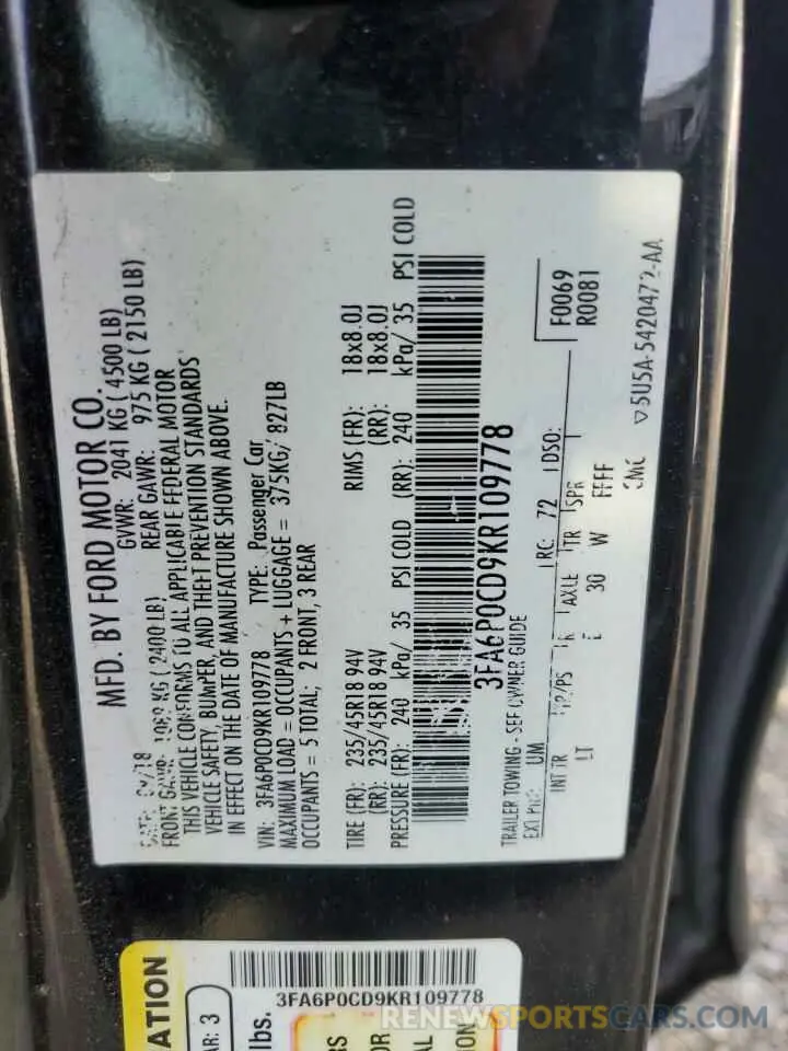 12 fotografías del automóvil dañado 3FA6P0CD9KR109778 FORD FUSION 2019