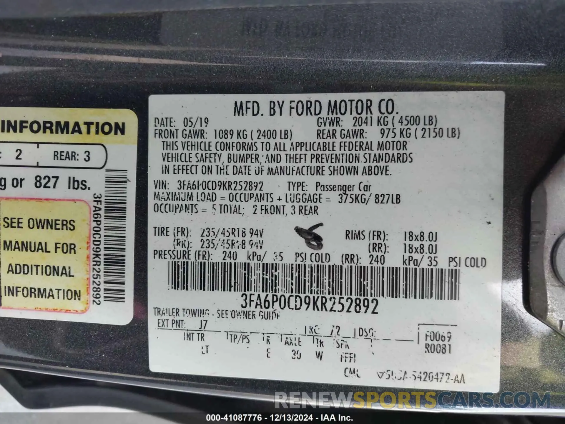 9 fotografías del automóvil dañado 3FA6P0CD9KR252892 FORD FUSION 2019