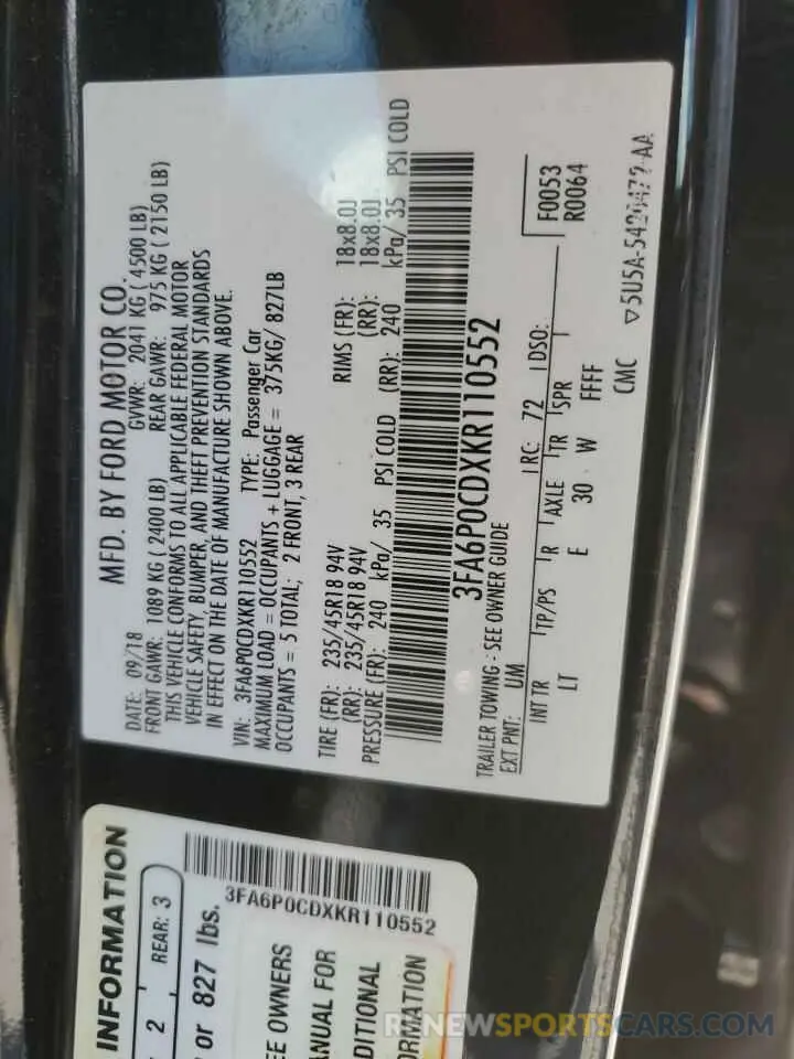 12 fotografías del automóvil dañado 3FA6P0CDXKR110552 FORD FUSION 2019