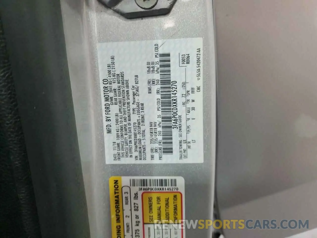 12 fotografías del automóvil dañado 3FA6P0CDXKR145270 FORD FUSION 2019