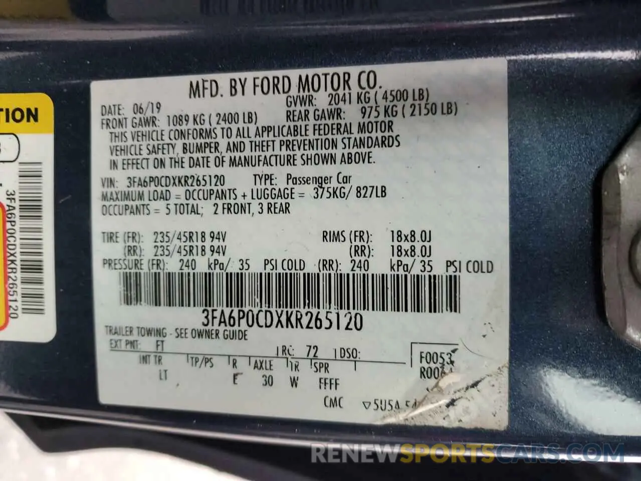 12 fotografías del automóvil dañado 3FA6P0CDXKR265120 FORD FUSION 2019