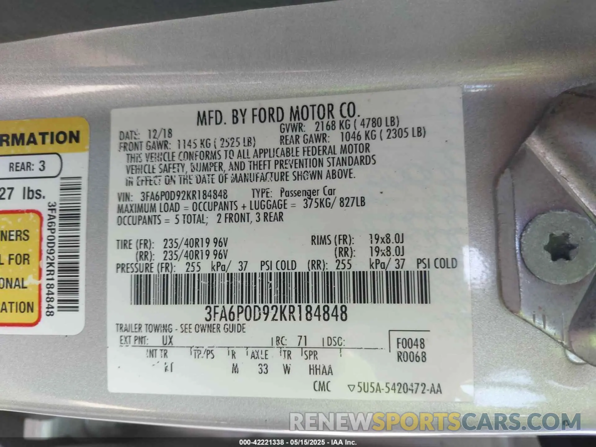 9 fotografías del automóvil dañado 3FA6P0D92KR184848 FORD FUSION 2019