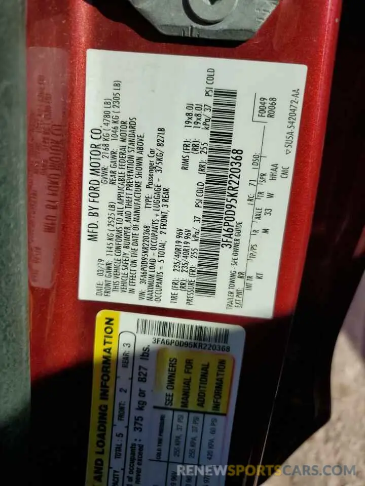 12 fotografías del automóvil dañado 3FA6P0D95KR220368 FORD FUSION 2019