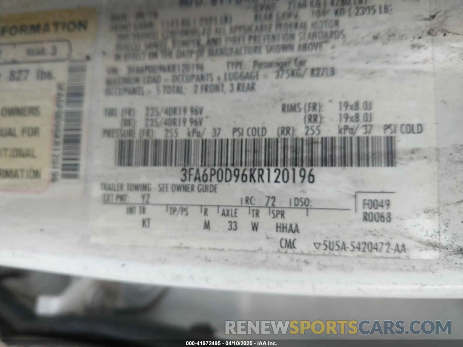 9 fotografías del automóvil dañado 3FA6P0D96KR120196 FORD FUSION 2019