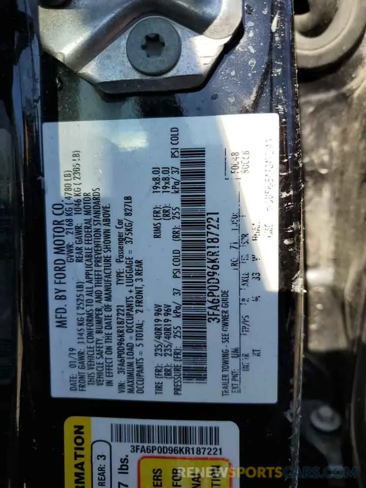 12 fotografías del automóvil dañado 3FA6P0D96KR187221 FORD FUSION 2019