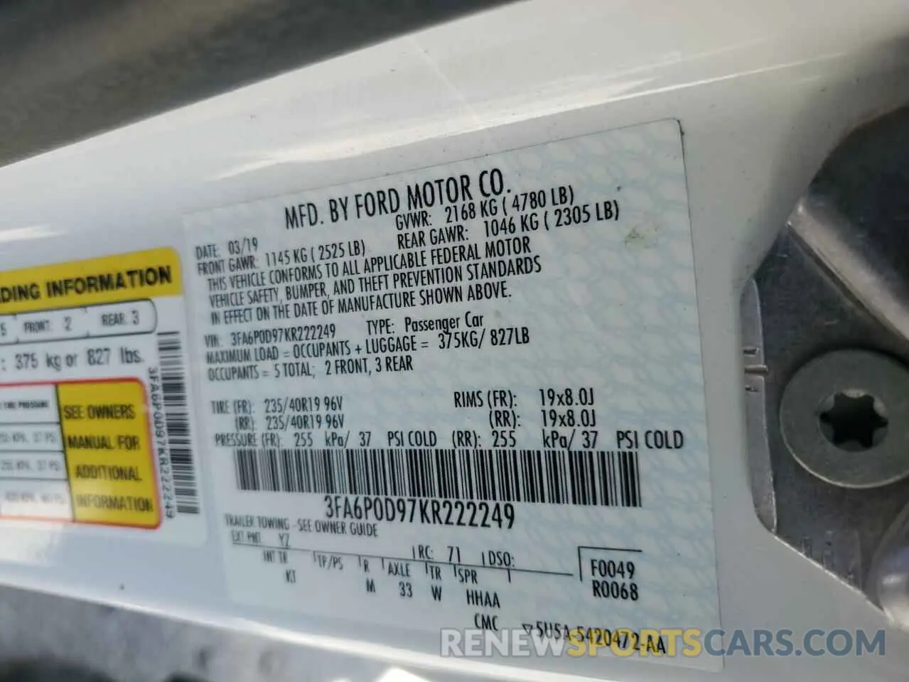 12 fotografías del automóvil dañado 3FA6P0D97KR222249 FORD FUSION 2019
