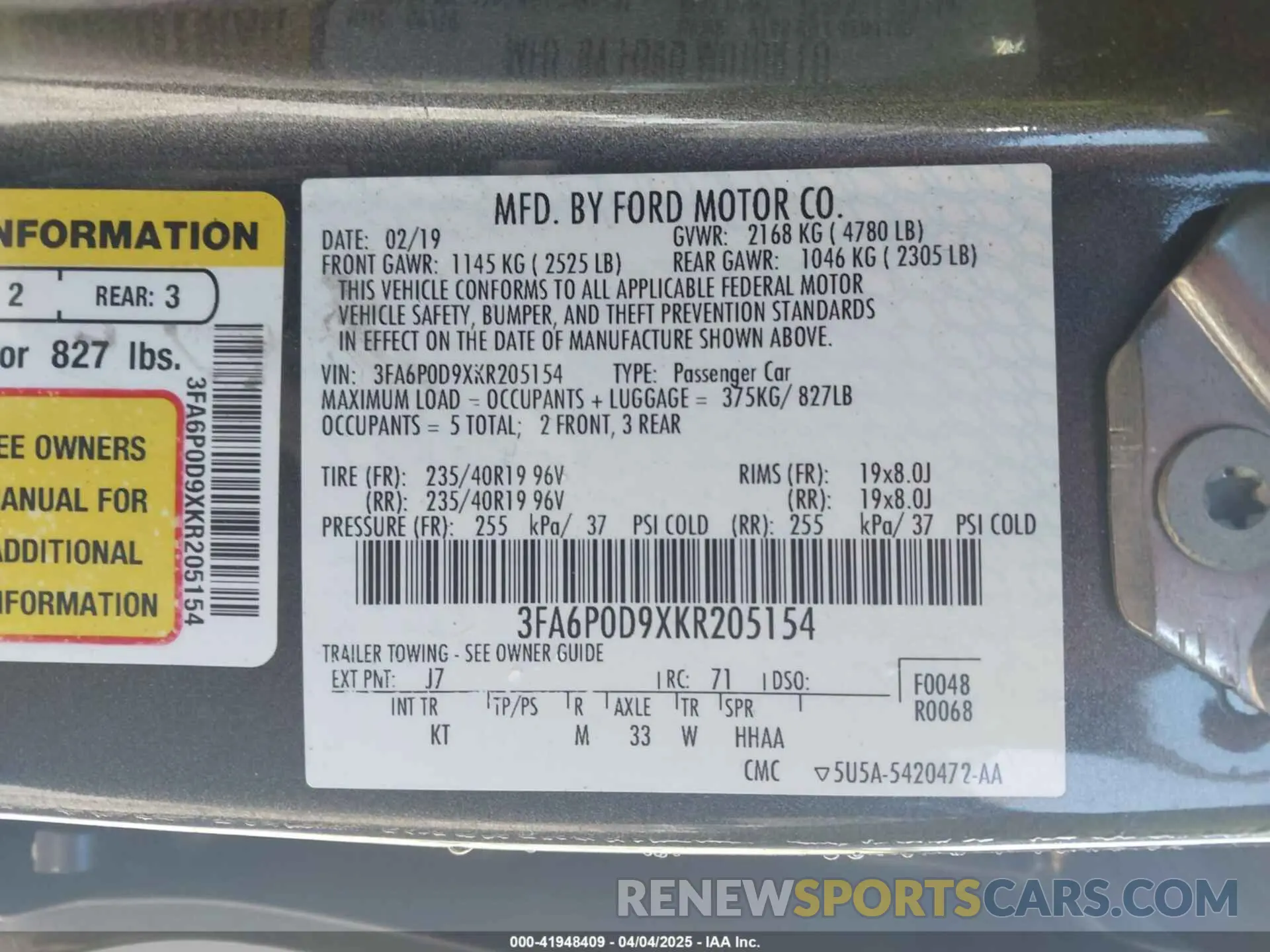 9 fotografías del automóvil dañado 3FA6P0D9XKR205154 FORD FUSION 2019