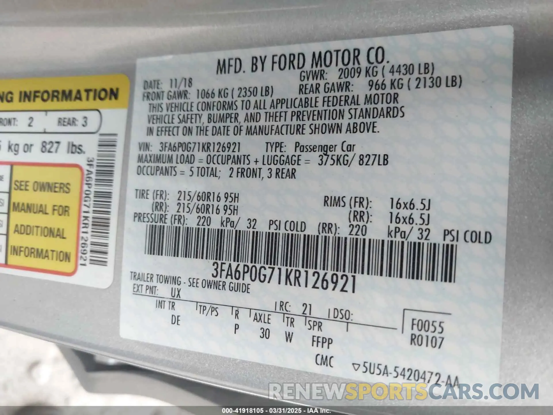 9 fotografías del automóvil dañado 3FA6P0G71KR126921 FORD FUSION 2019