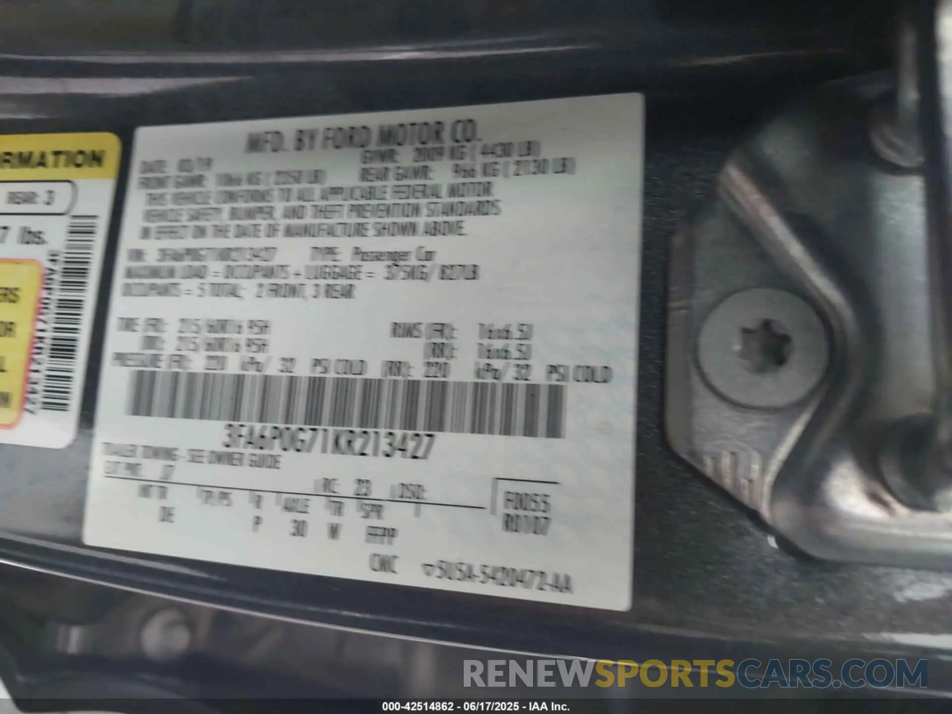 9 fotografías del automóvil dañado 3FA6P0G71KR213427 FORD FUSION 2019