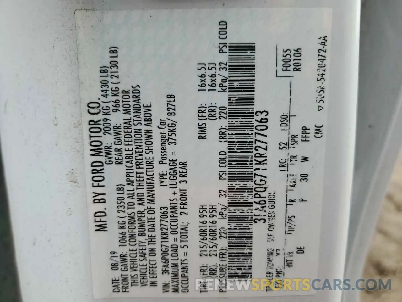 12 fotografías del automóvil dañado 3FA6P0G71KR277063 FORD FUSION 2019