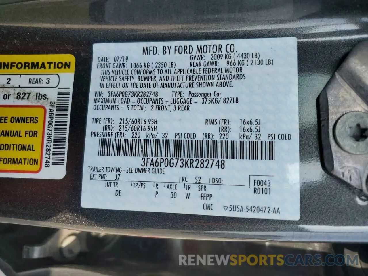12 fotografías del automóvil dañado 3FA6P0G73KR282748 FORD FUSION 2019