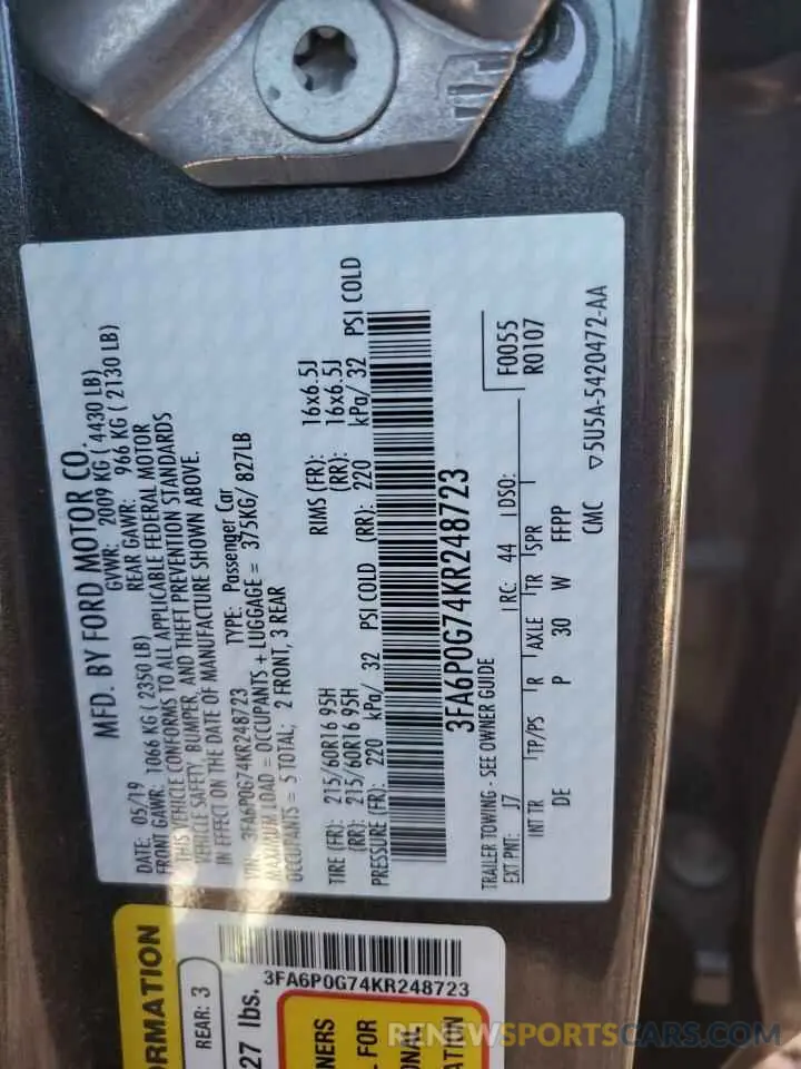 12 fotografías del automóvil dañado 3FA6P0G74KR248723 FORD FUSION 2019