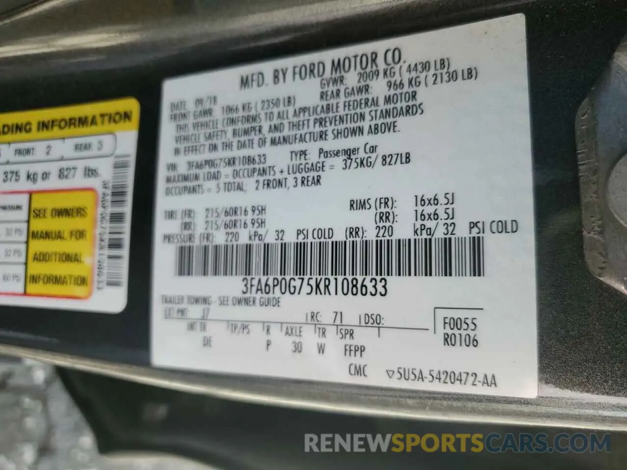 12 fotografías del automóvil dañado 3FA6P0G75KR108633 FORD FUSION 2019