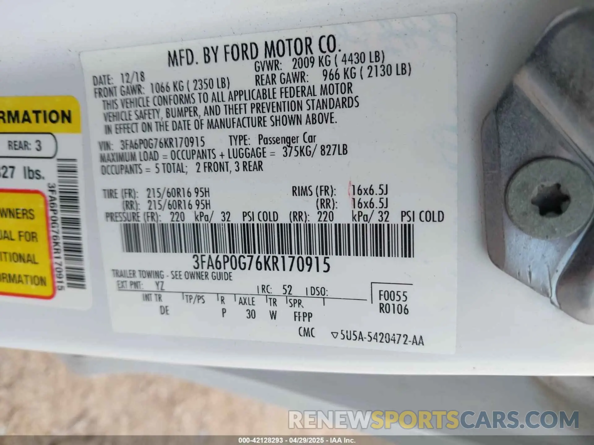 9 fotografías del automóvil dañado 3FA6P0G76KR170915 FORD FUSION 2019