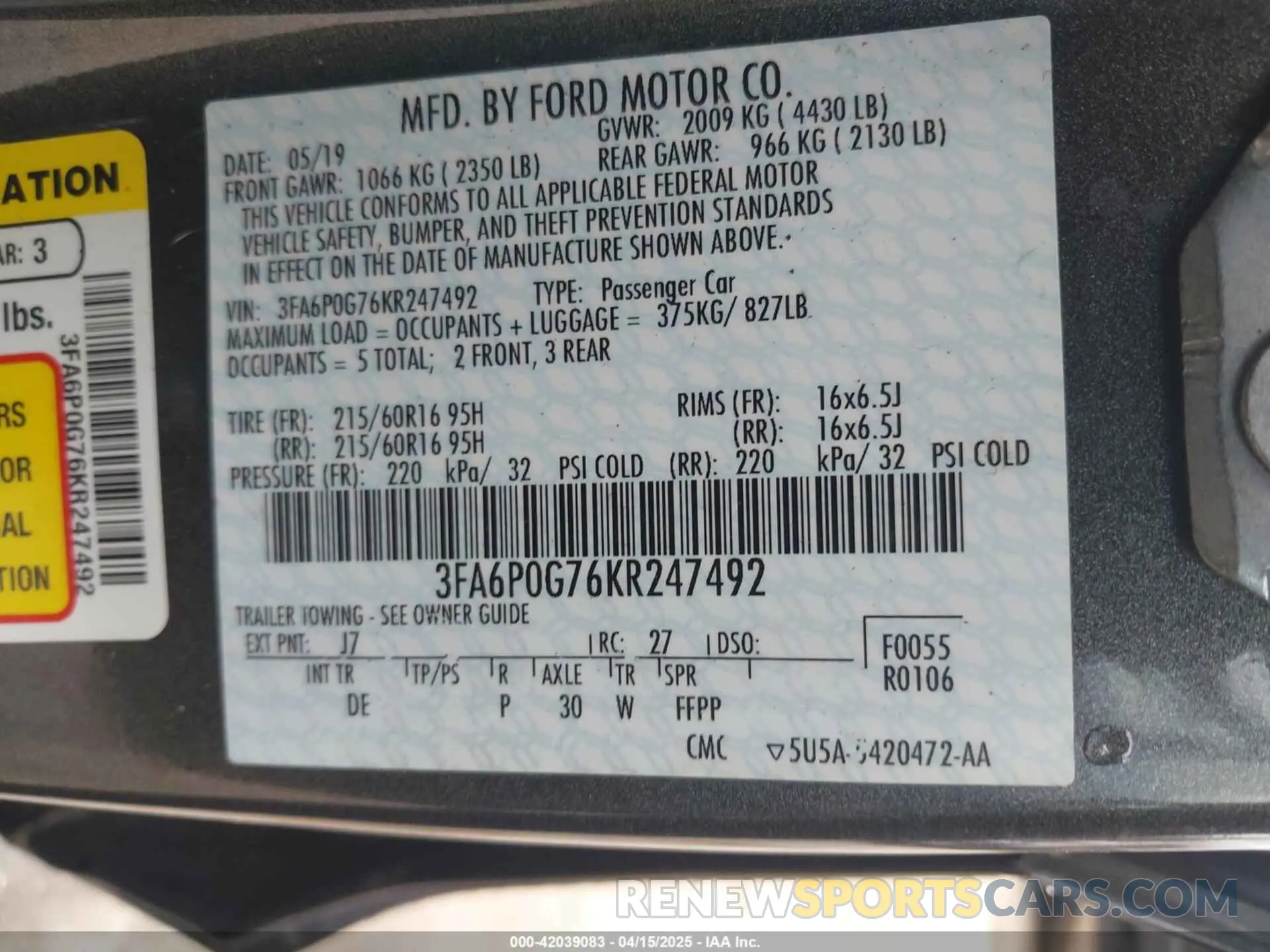 9 fotografías del automóvil dañado 3FA6P0G76KR247492 FORD FUSION 2019