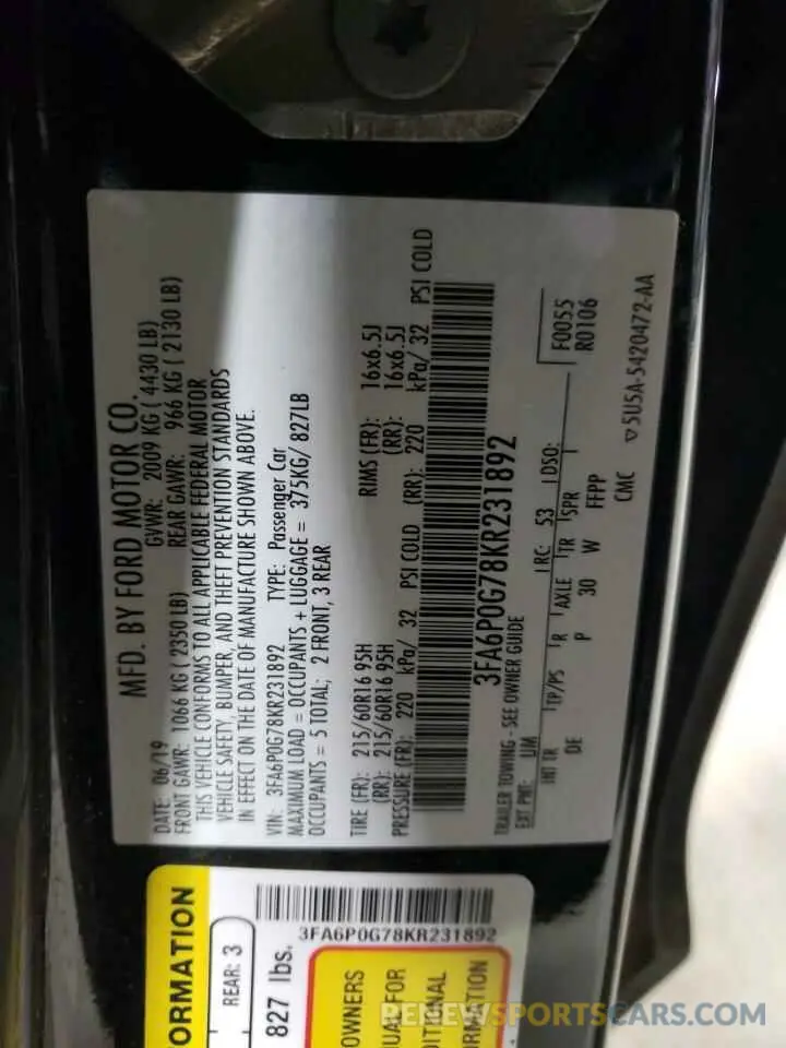 12 fotografías del automóvil dañado 3FA6P0G78KR231892 FORD FUSION 2019