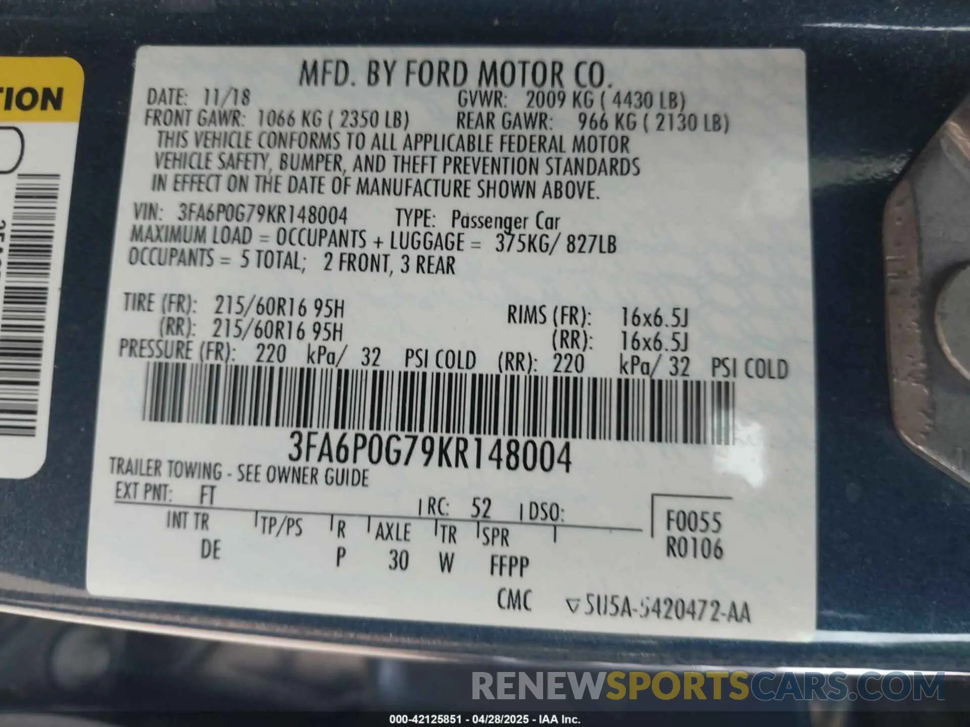 9 fotografías del automóvil dañado 3FA6P0G79KR148004 FORD FUSION 2019