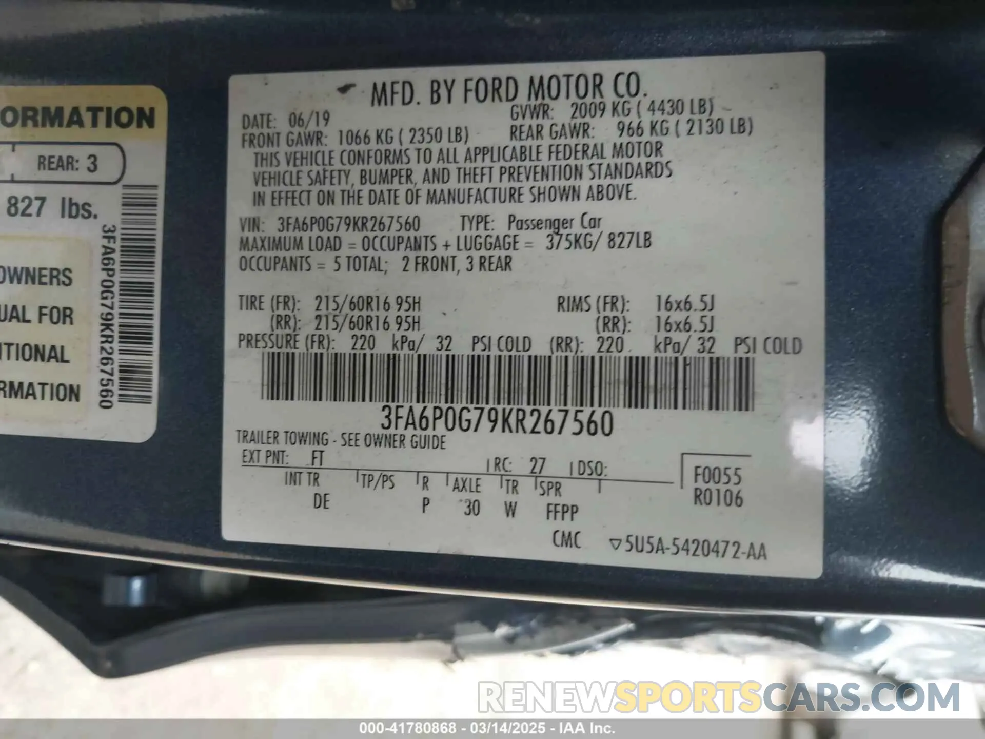 9 fotografías del automóvil dañado 3FA6P0G79KR267560 FORD FUSION 2019