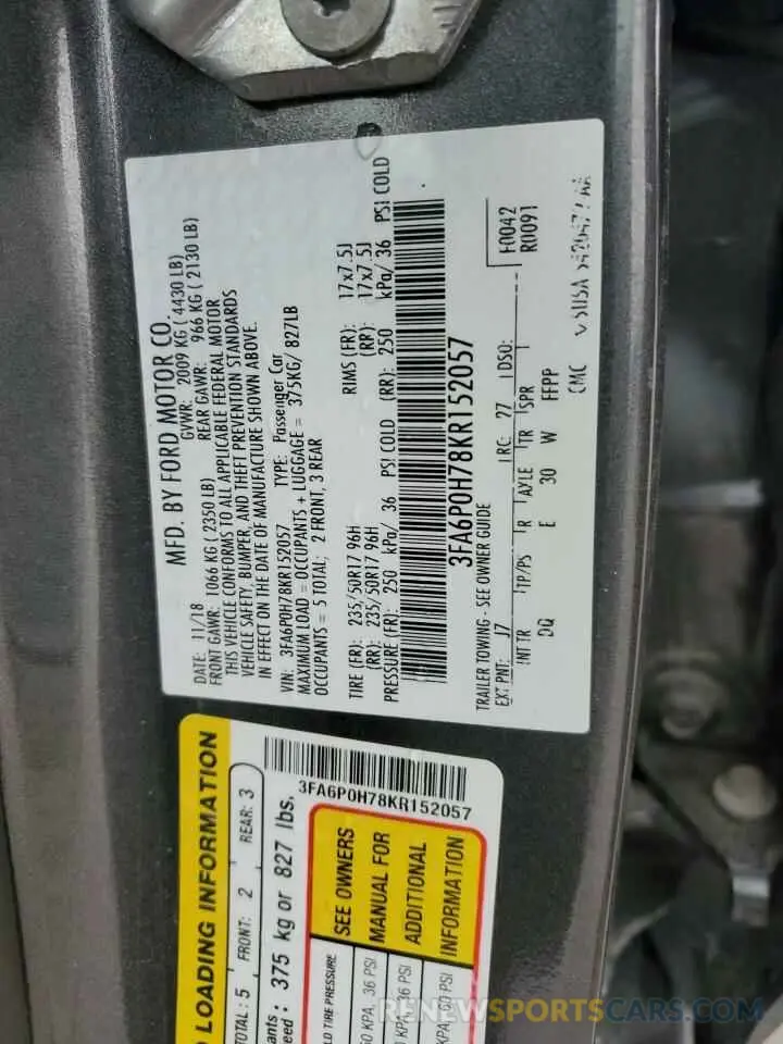 12 fotografías del automóvil dañado 3FA6P0H78KR152057 FORD FUSION 2019