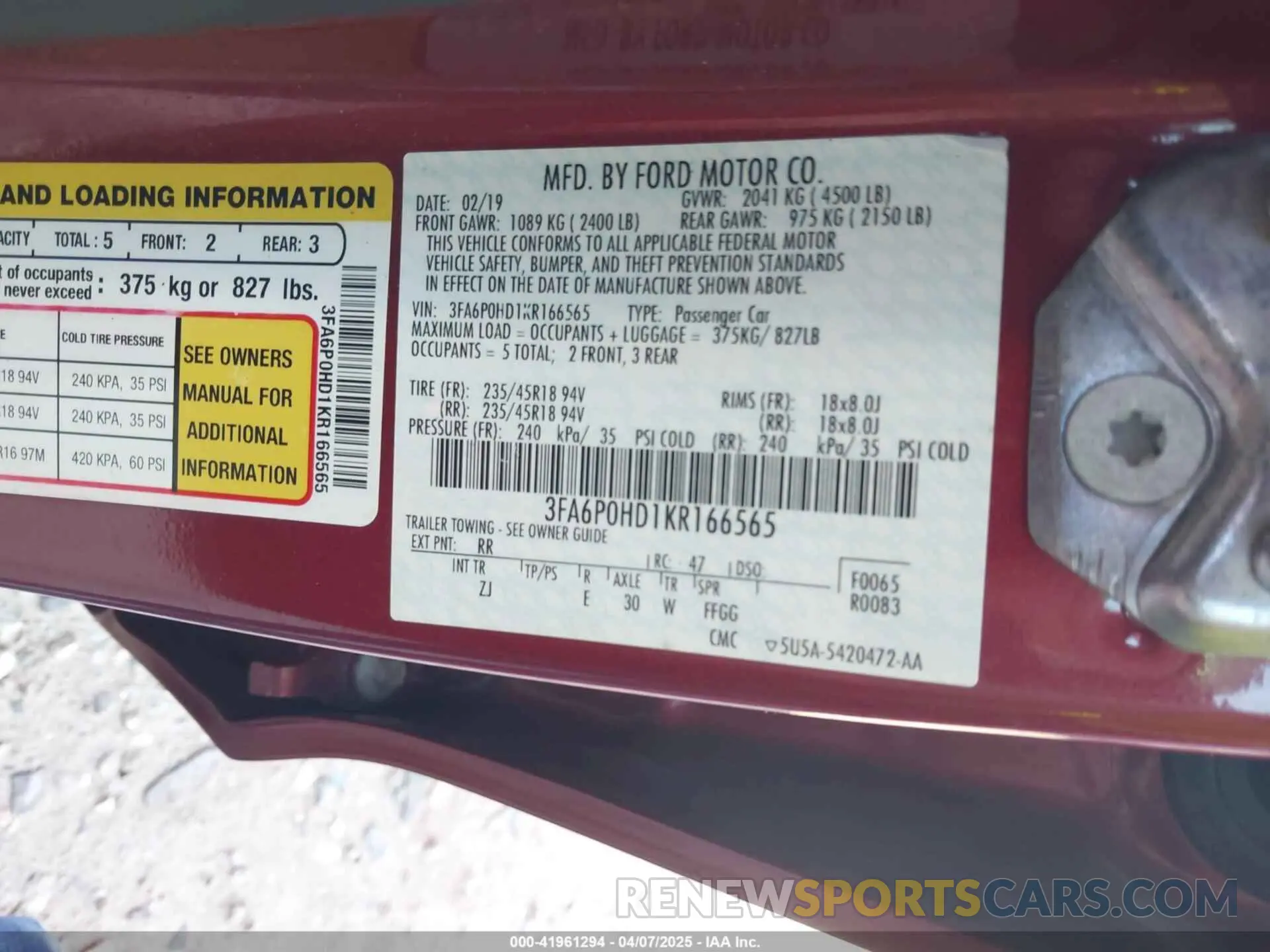 9 fotografías del automóvil dañado 3FA6P0HD1KR166565 FORD FUSION 2019