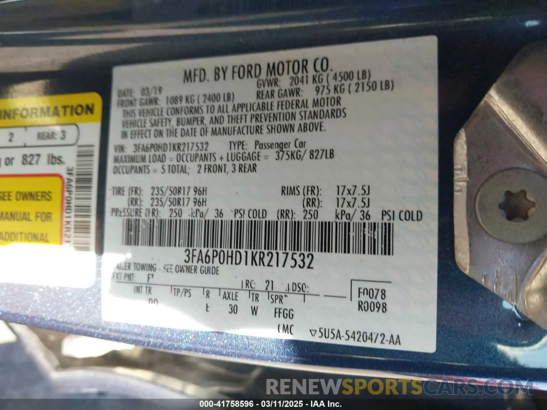 9 fotografías del automóvil dañado 3FA6P0HD1KR217532 FORD FUSION 2019