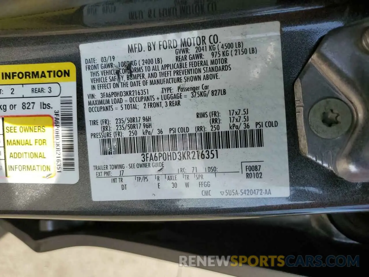 15 fotografías del automóvil dañado 3FA6P0HD3KR216351 FORD FUSION 2019