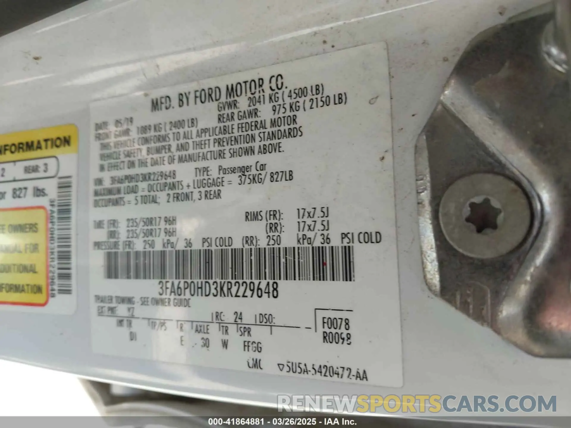 9 fotografías del automóvil dañado 3FA6P0HD3KR229648 FORD FUSION 2019