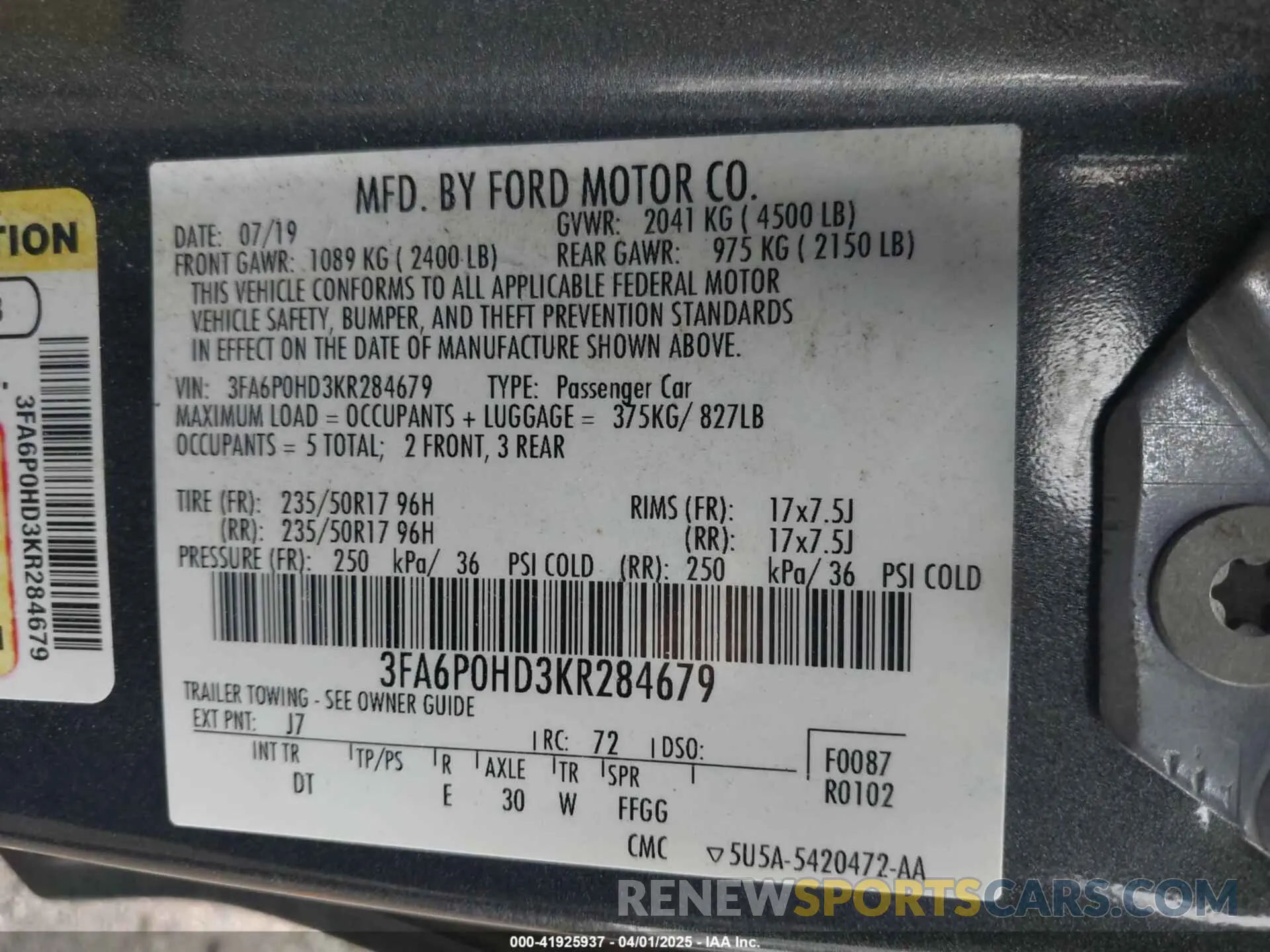 9 fotografías del automóvil dañado 3FA6P0HD3KR284679 FORD FUSION 2019