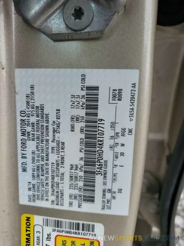 12 fotografías del automóvil dañado 3FA6P0HD4KR107719 FORD FUSION 2019