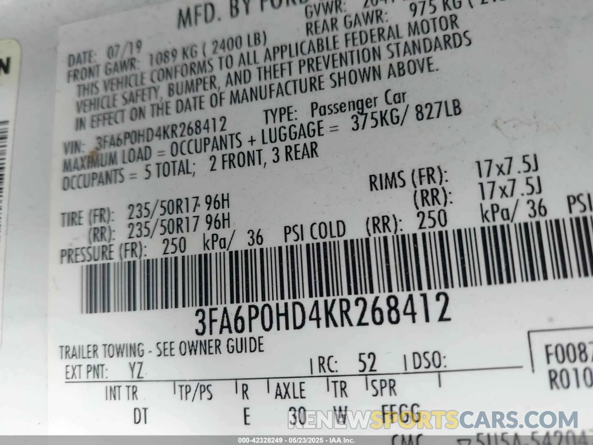 9 fotografías del automóvil dañado 3FA6P0HD4KR268412 FORD FUSION 2019