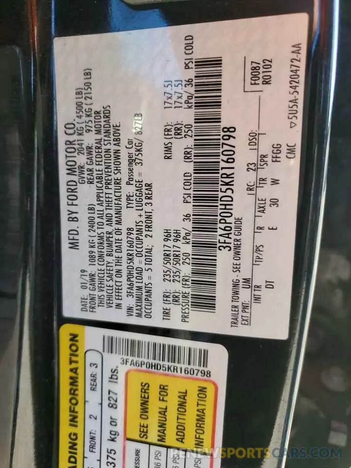14 fotografías del automóvil dañado 3FA6P0HD5KR160798 FORD FUSION 2019