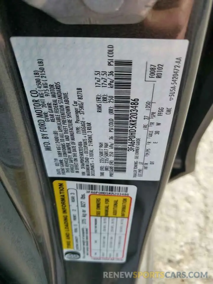 12 fotografías del automóvil dañado 3FA6P0HD5KR203486 FORD FUSION 2019
