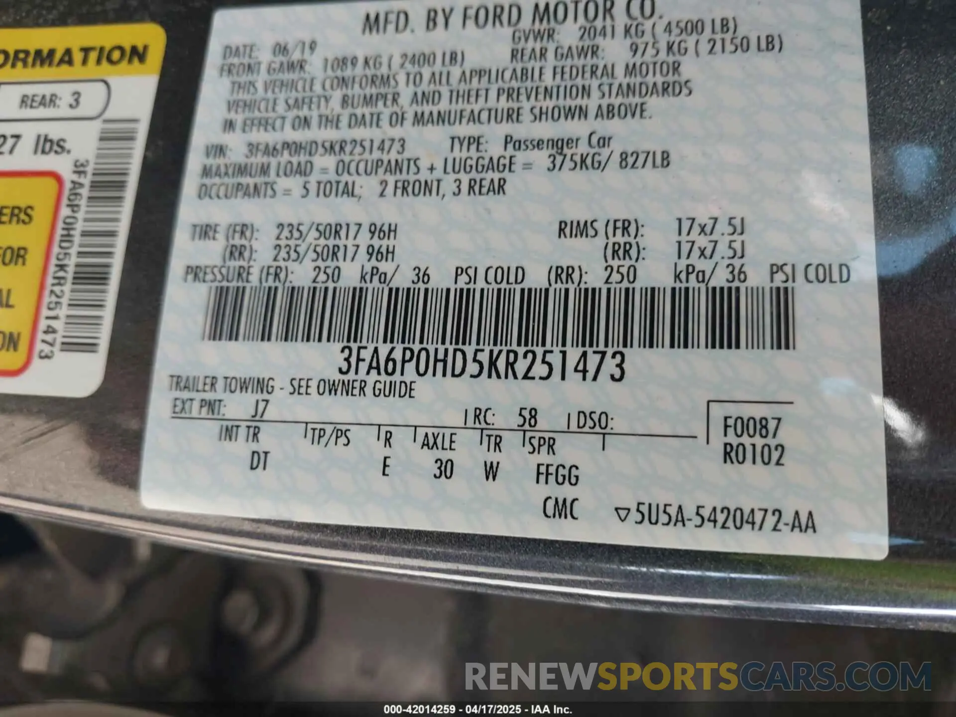 9 fotografías del automóvil dañado 3FA6P0HD5KR251473 FORD FUSION 2019